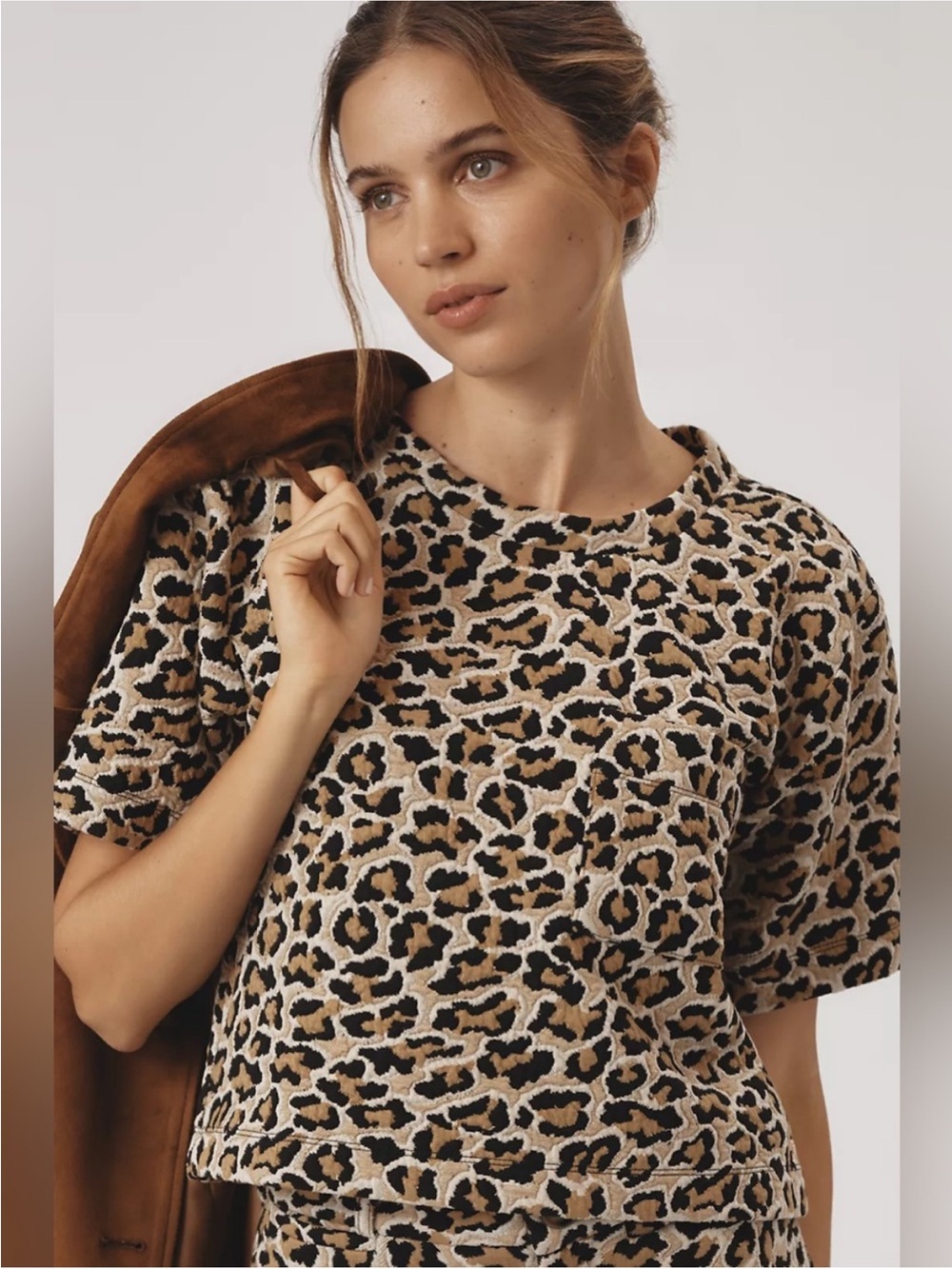 Maeve Anthropologie Leopard Print Knit Boxy Tee Large L Cropped Top